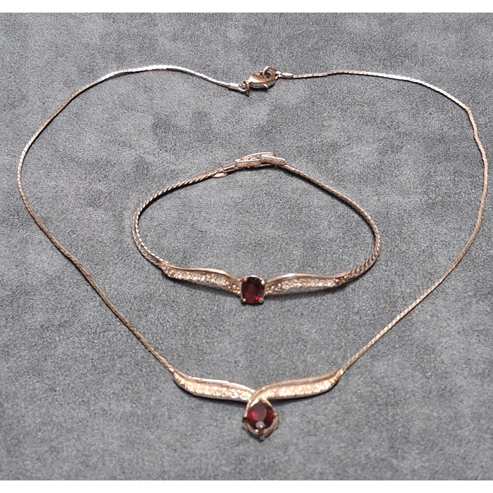 Ruby Rhinestone Necklace Bracelet Set Vintage